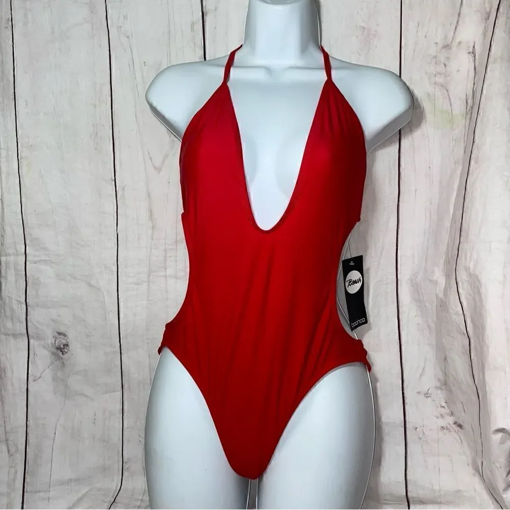 NEW! BOOHOO KOS DEEP PLUNGE SWIMSUIT RED SIZE 6